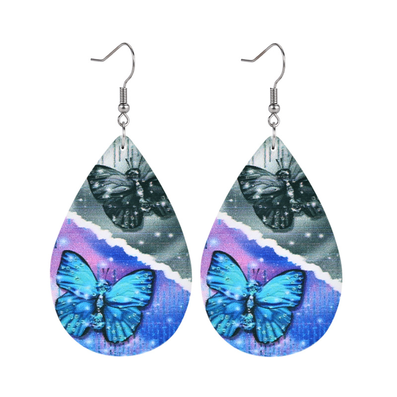 Women's Elegant Blue Butterfly Pattern Wooden Earrings